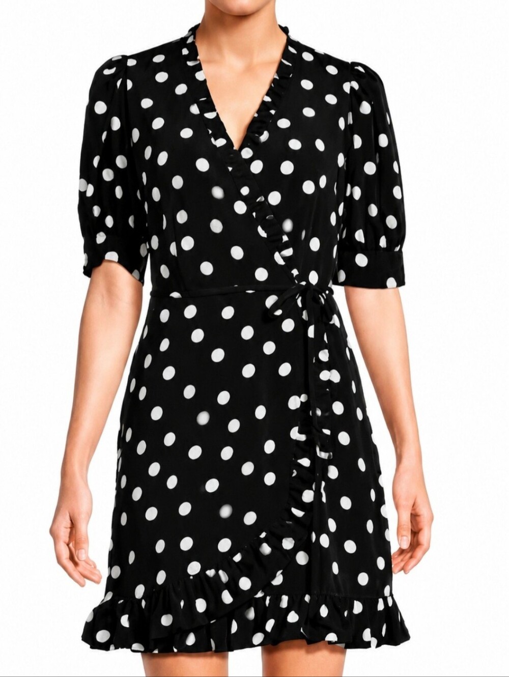 Karl Lagerfield|Black & White Polka Dot Wrap Dress with Ruffle Trim| Size 4